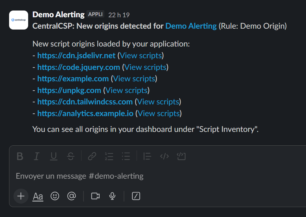 Slack message showing a New Origin alert with list of new origins