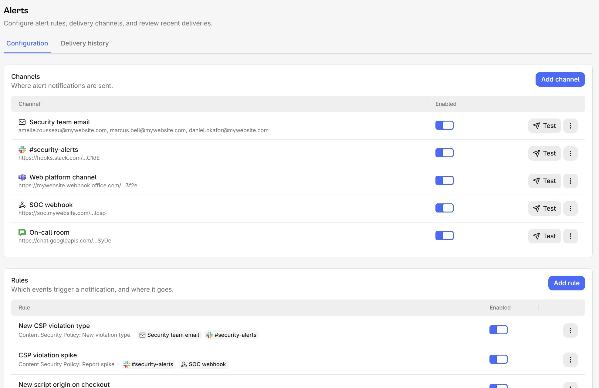 The alerting screen: the connected channels on one side, and the rules deciding which events reach which channel.