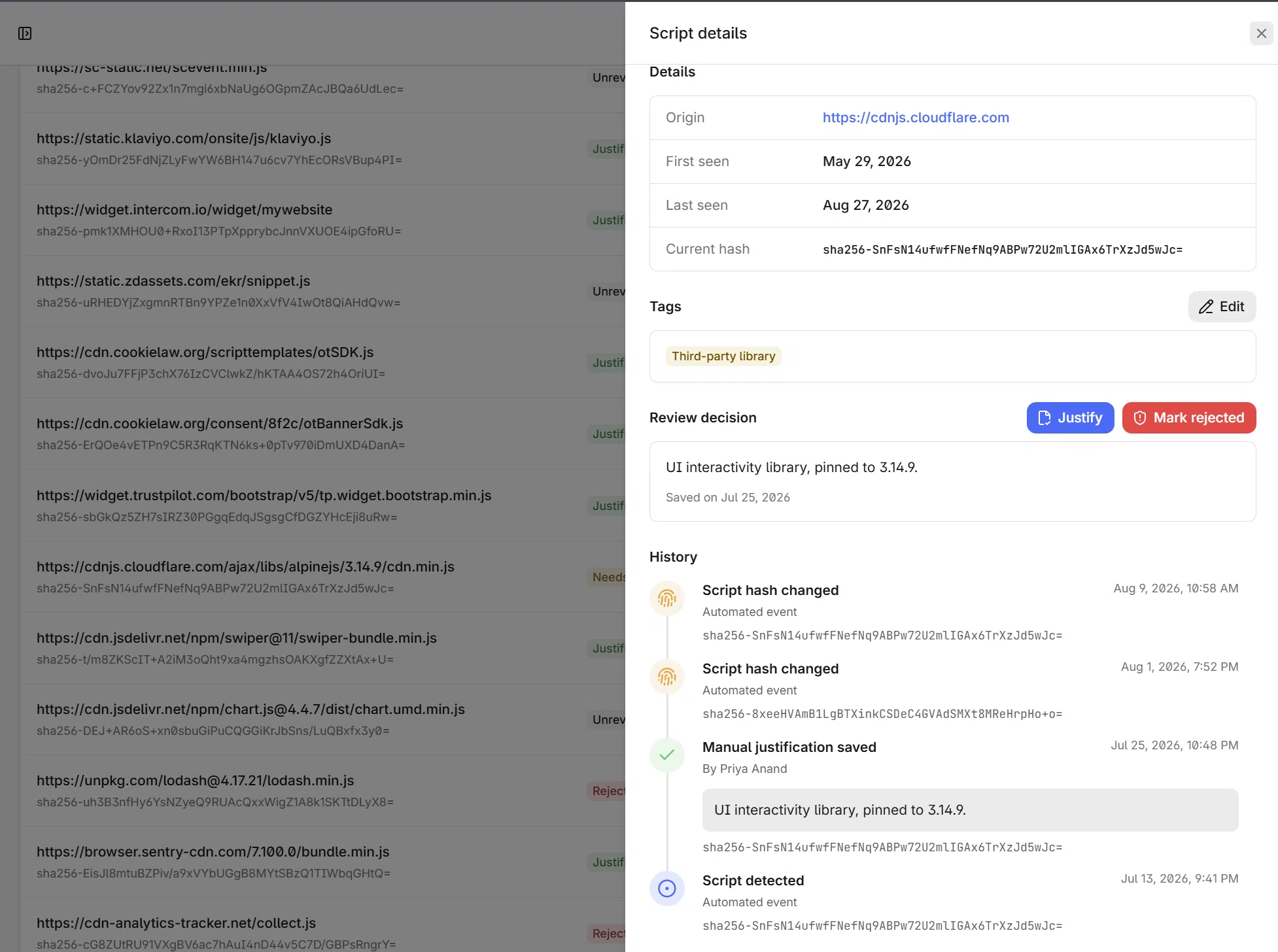 A script's review drawer: its origin and current hash, the written justification saved against it, and a dated history of every hash change.