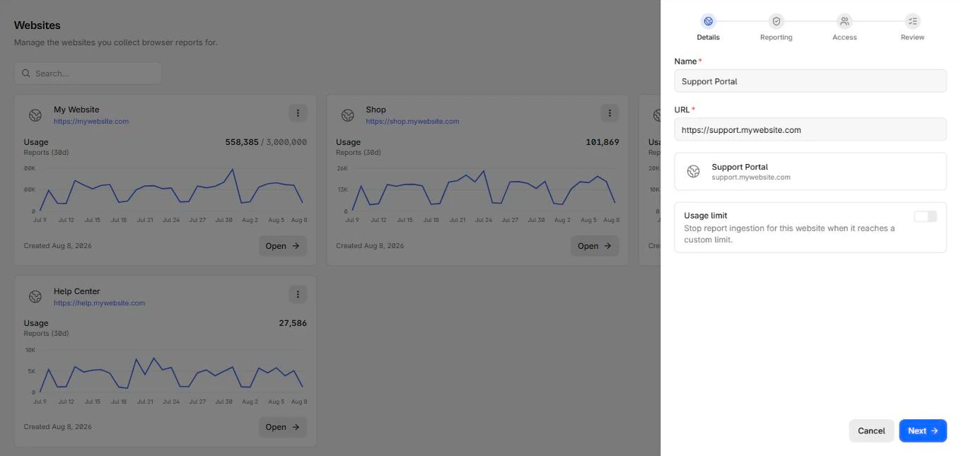 The Add website wizard on its Details step, with the name and URL filled in and the site preview resolved