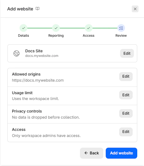 The Review step of the Add website wizard, showing the privacy controls row