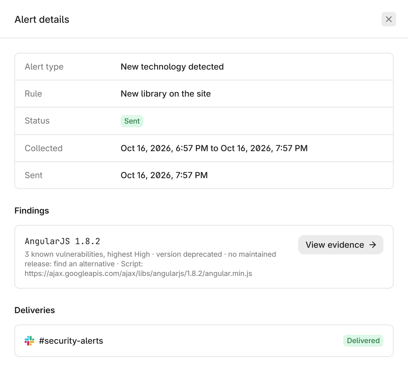 The Alert details panel for a new technology alert, with its finding, its evidence link, and its delivery to Slack