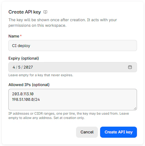 The Create API key dialog with name, expiry and allowed IPs