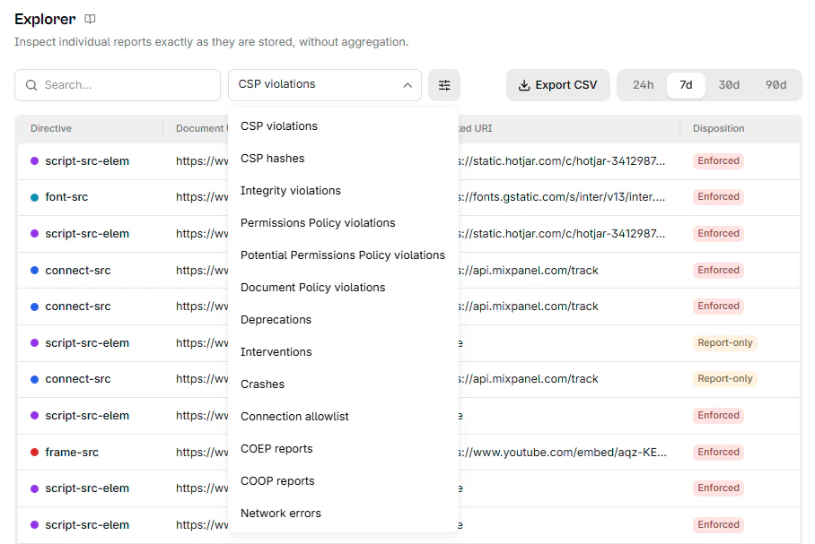 The report explorer with the type selector open over the table