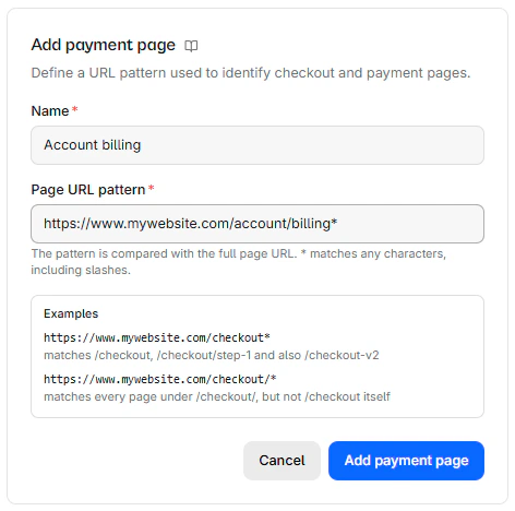 The Add payment page dialog, with a name filled in and a wildcard pattern in Page URL pattern