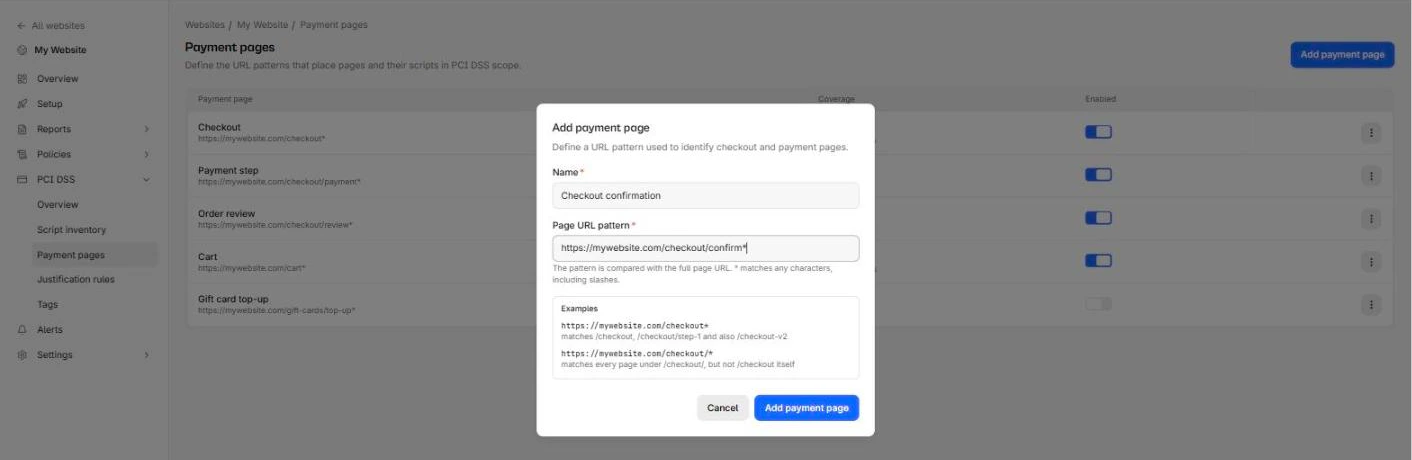 The Add payment page dialog, with a name filled in and a wildcard pattern in Page URL pattern