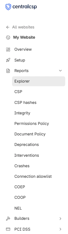 The website sidebar with the Reports section expanded, listing every report type