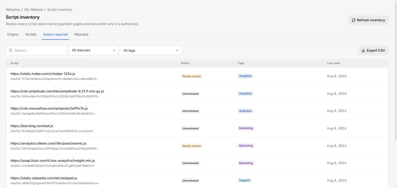 A script inventory listing scripts with review statuses