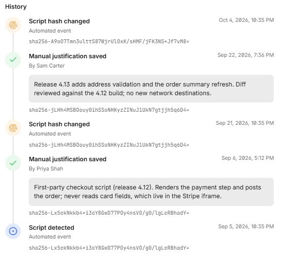 The history timeline of one script, newest first, alternating hash changes with manual justifications, each entry naming its actor, its timestamp and the hash it applied to