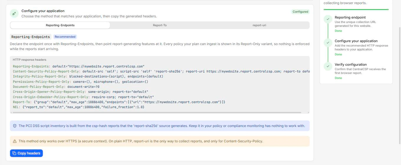 The generated header block on the Setup page, with the Reporting-Endpoints tab selected and a Copy headers control