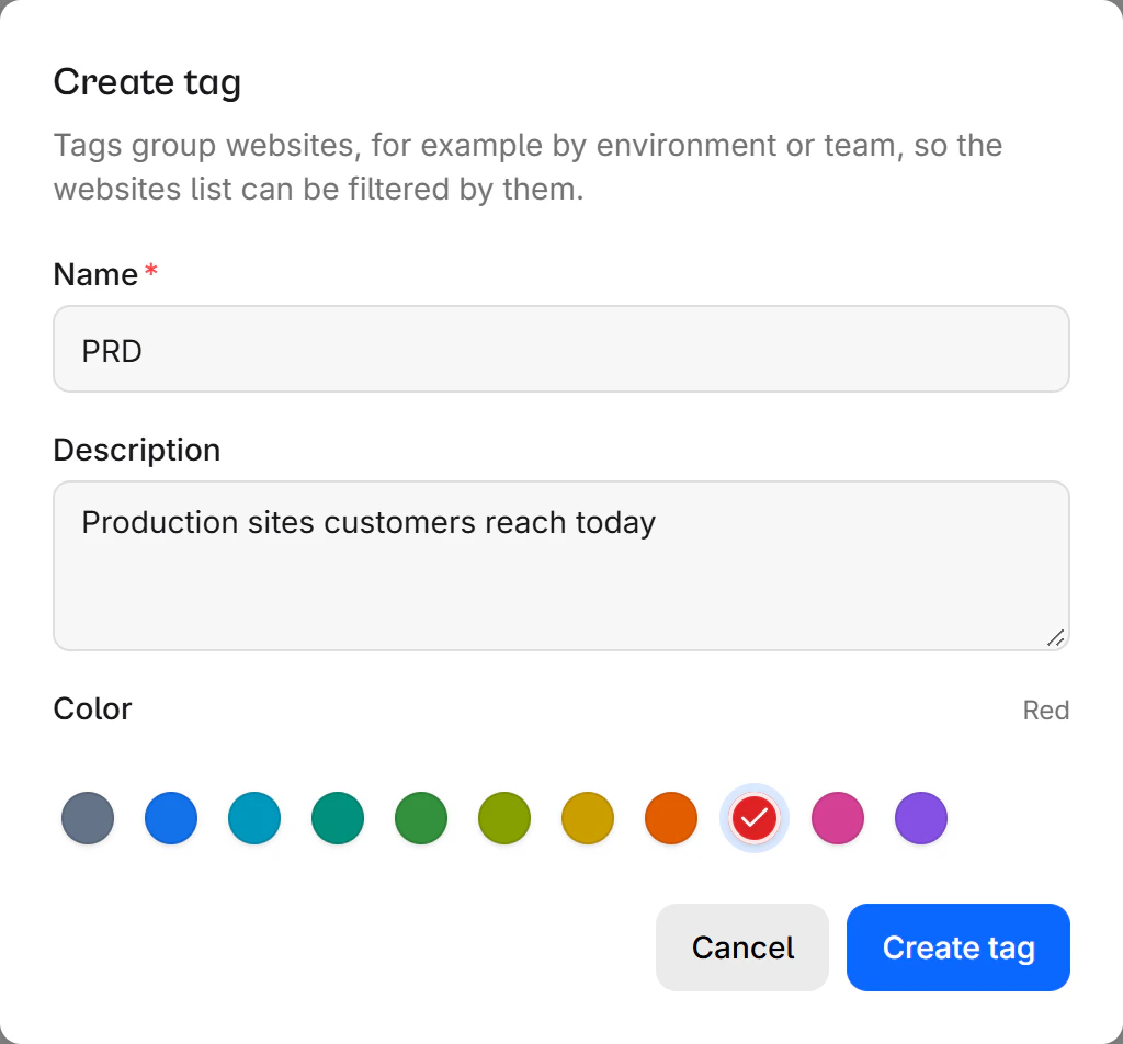 The Create tag dialog with a name, a description, and a colour