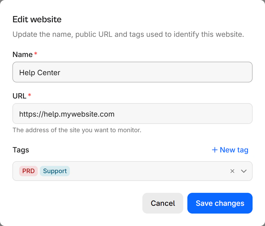 The Edit website dialog with two tags in the Tags picker