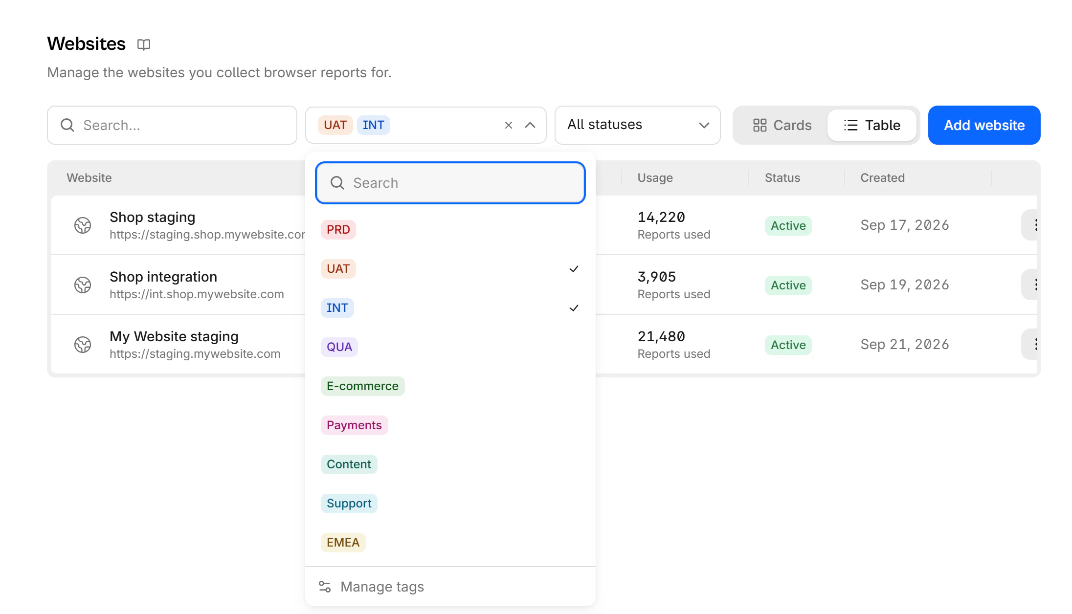 The websites table with the Tags column and the Filter by tags dropdown open