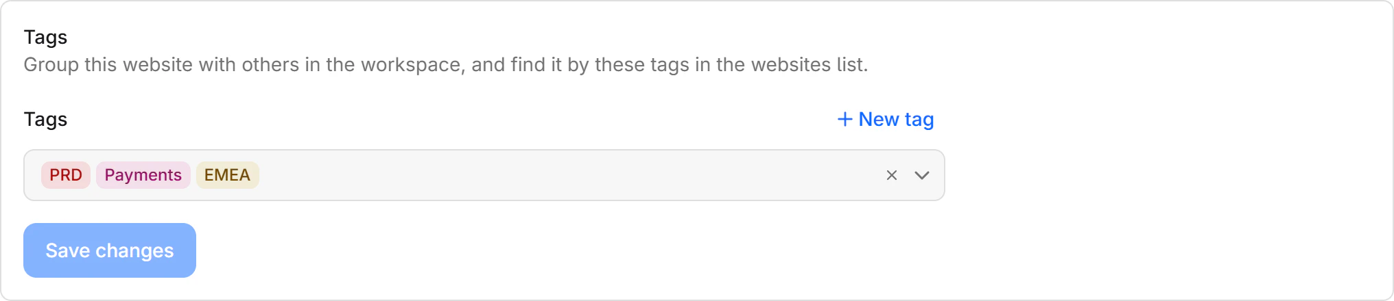 The Tags card on a website's general settings, with the picker and a Save changes button