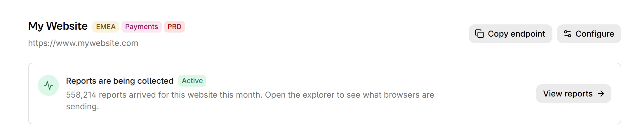 A website's overview header showing its tags next to the website name