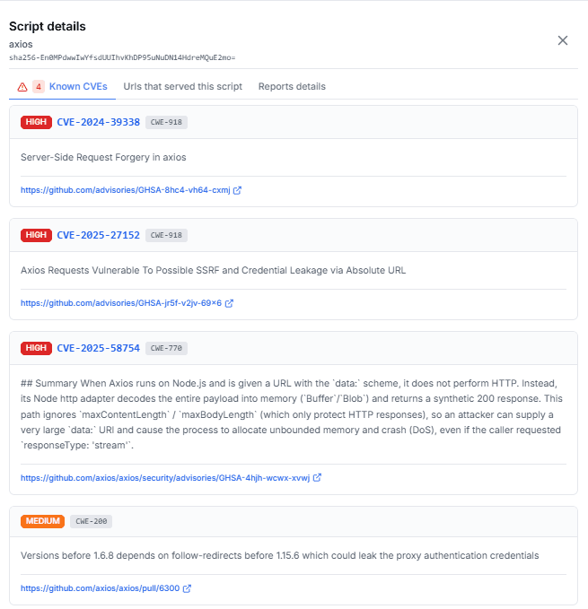 Script details panel showing technology identification and known CVEs for a JavaScript library, with severity, CVE IDs, and advisory links